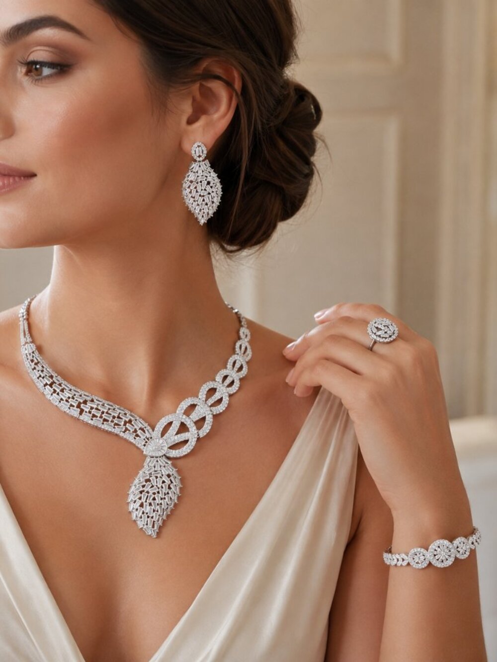 Luxury Silver Tone CZ Bridal Jewelry Set – Necklace Earrings Bracelet Ring